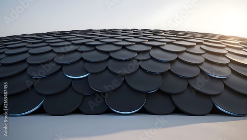 Abstract architectural dome roof covered with layered circular black tiles under a bright sky