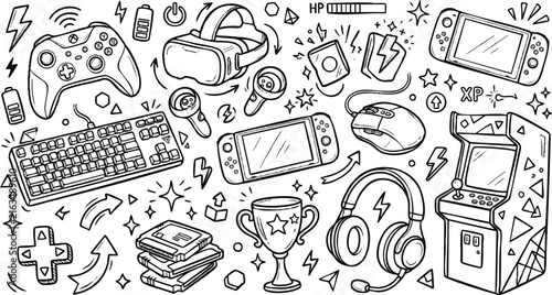 Hand-drawn doodle vector set of gamer lifestyle icons and esports accessories isolated on white