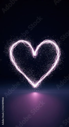 Glowing pink and magenta heart symbol composed of intertwined light trails and sparkling particle dust effects on a dark background with a subtle floor reflection.