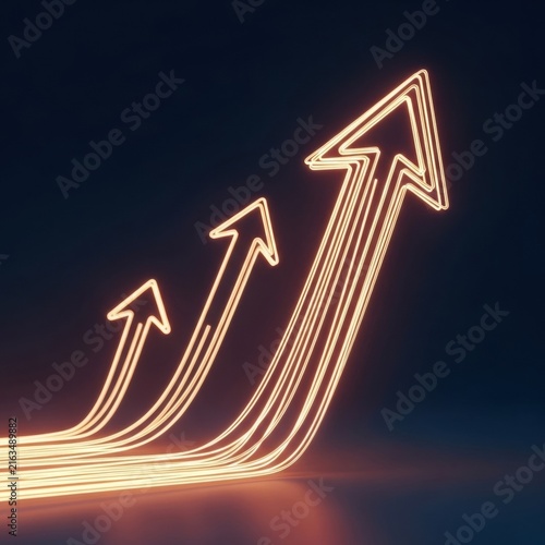Abstract 3D rendering of three glowing orange neon light arrows pointing upwards, formed by multiple luminous lines on a dark background representing financial growth and progress.