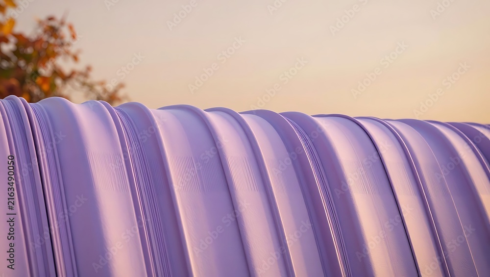 Fototapeta premium A close up of a curved purple metal corrugated surface against a soft golden sky