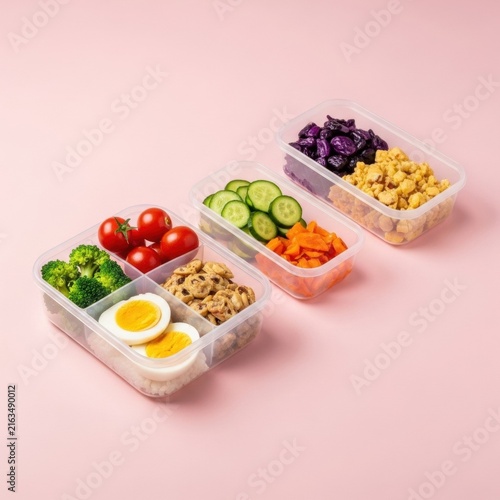 Three plastic meal prep containers filled with healthy ingredients like broccoli, cherry tomatoes, boiled eggs, cucumbers, and carrots, arranged on a solid pink background.