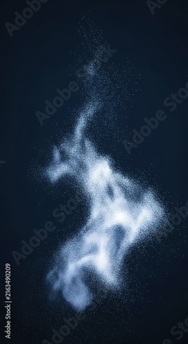 Abstract blue luminous particles swirling in a dark space, representing stardust, energy, or celestial mist with glowing points of light and fluid motion in a vertical layout.