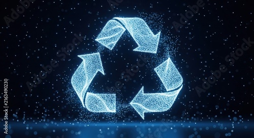 Digital illustration of a glowing blue recycling symbol formed by luminous particles on a dark background with shimmering bokeh effects and floating dust specks for sustainability.