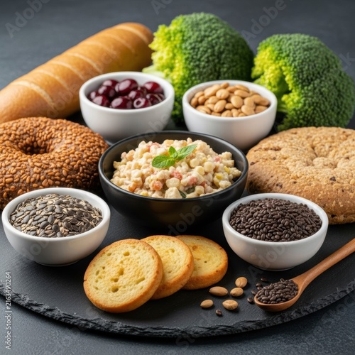 Assorted healthy food layout featuring broccoli florets, dark berries, nuts, sunflower seeds, whole grain bread, sesame bagel, toasted slices, and grain salad on a dark background.