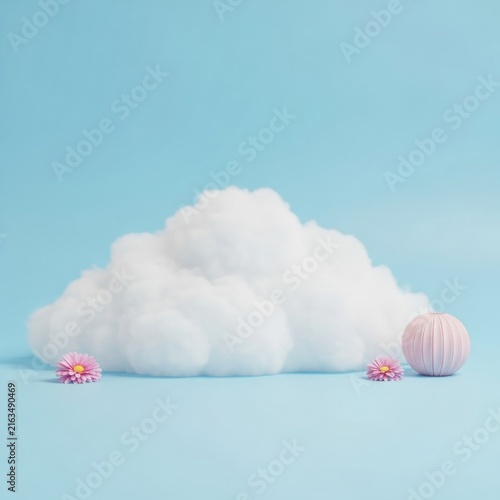 Minimalist still life studio photography of a soft white artificial cloud on a light blue surface with two pink gerbera daisy flowers and a light pink ribbed spherical object.