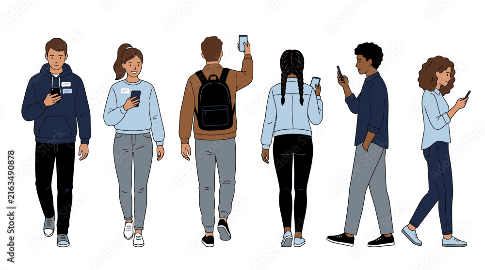 Obraz premium Diverse young people standing and using smartphones.