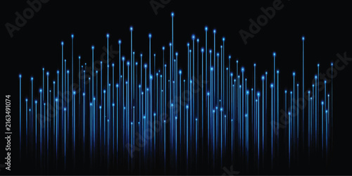 Abstract blue light vertical lines and glowing data points pattern against a dark background with digital technology neon lights streaks cyber concept technology abstract backgrounds