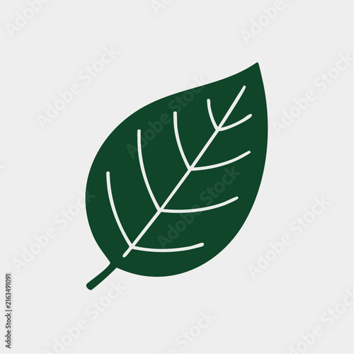 A dark green leaf icon with white vein outlines is centered on a light gray background.