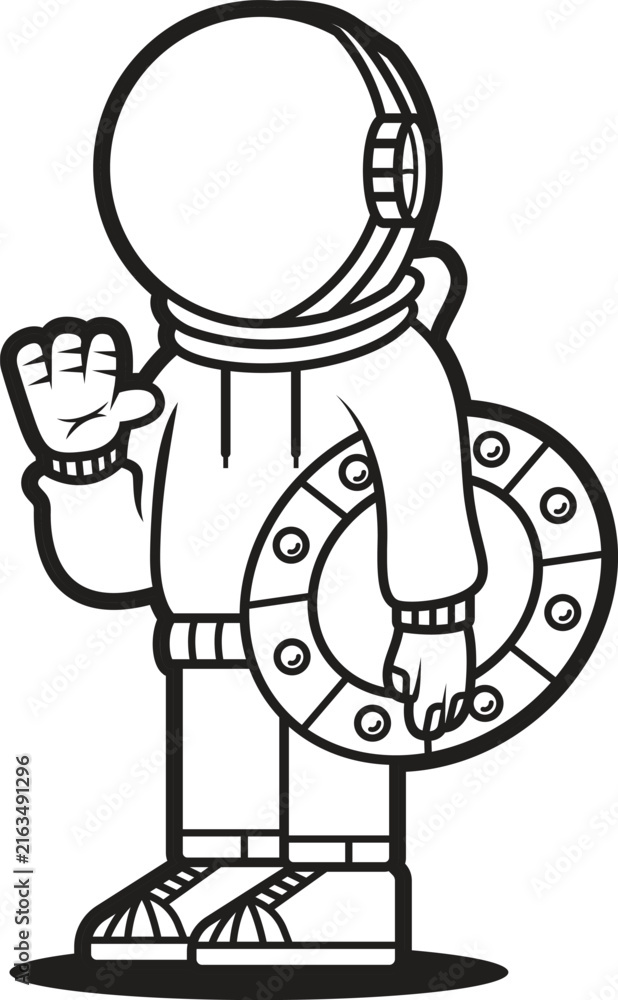 Fototapeta premium Astronaut waving while holding a UFO-shaped inflatable float ring, black and white line art vector illustration.