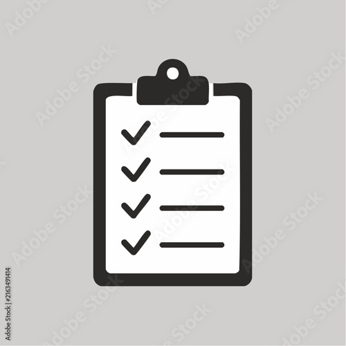 A minimalist black and white icon of a clipboard with a completed checklist displayed.