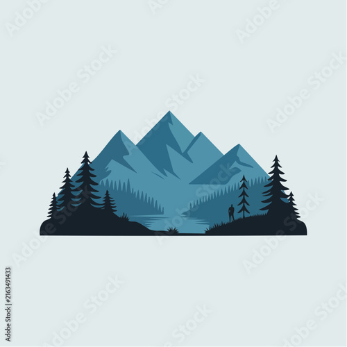 A minimalist vector illustration depicts blue mountains with dark pine trees in the.