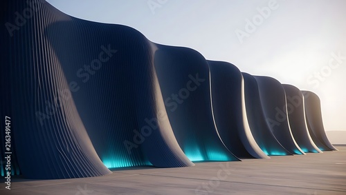 Modern architectural building exterior with flowing wavy walls and blue glowing lights at dusk