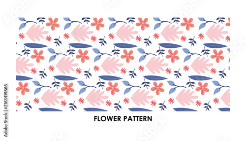 A cheerful and decorative seamless pattern featuring abstract pink blossoms and blue leaves on a crisp white background, perfect for contemporary textile designs or digital art projects