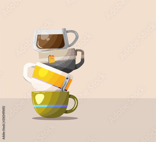 Tazas diferentes entre si para cafe o te sobrepuestas despues de haber sido usadas