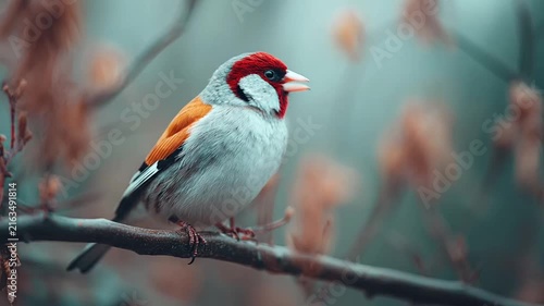 Red headed sparrow perched on thin winter branch.