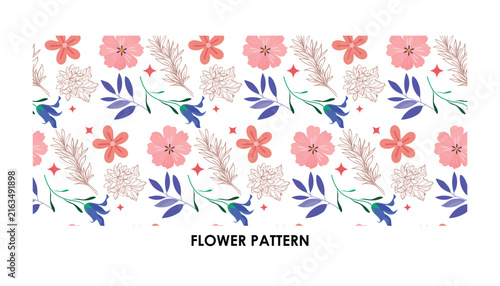 A delightful seamless floral pattern design featuring vibrant pink flowers and delicate blue leaves, perfect for various creative projects and décor applications