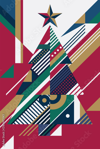 Abstract geometric Christmas tree on red background modern retro style vertical template