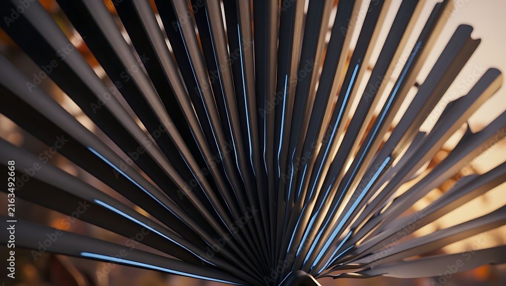 Obraz premium A close-up view of a black fan-like sculpture reveals the texture and detail of its radiating metal blades.