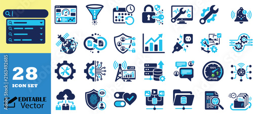 Network and database management flat vector icon set blue.
