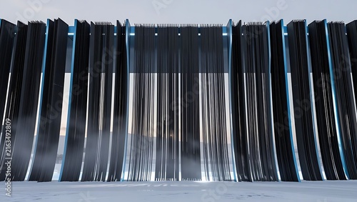 A striking architectural design featuring a repetitive array of dark vertical panels with subtle blue light creating a futuristic abstract pattern.