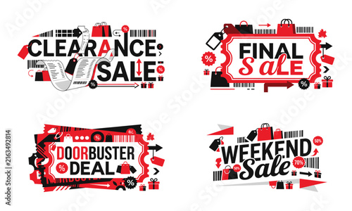 Set of four creative promotional sale banners with hand drawn elements and typography for retail marketing campaigns