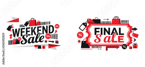 Set of two promotional sale banners featuring weekend sale and final sale text with shopping icons