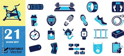 Exercise equipment icon set for fitness and gym training.