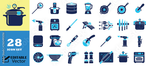 Professional kitchen appliances and cooking utensils pack.