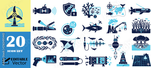 Marine technology icons featuring underwater exploration.