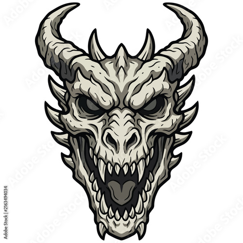 Skeletal dragon head illustration featuring prominent horns and sharp fangs for fantasy mascot design