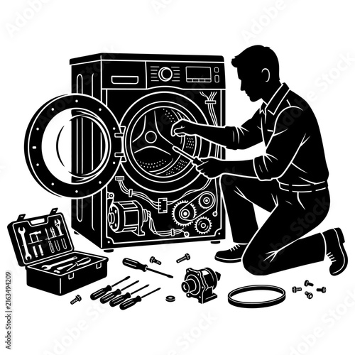 Plakat Mechanic repairing industrial machinery with tools and equipment in workshop setting