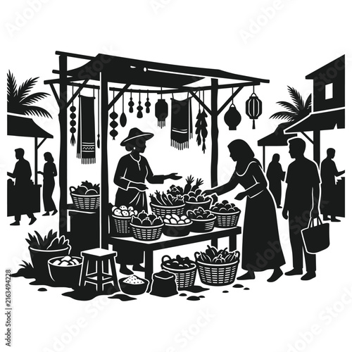 Plakat Traditional outdoor market scene with vendors selling fresh produce and customers shopping