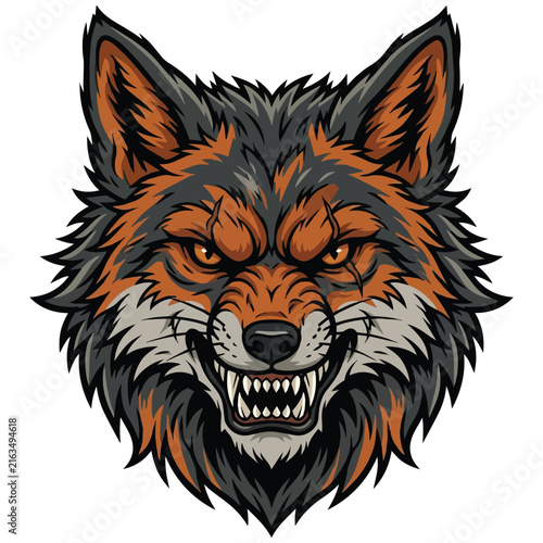 Fierce Wolf Head Mascot Logo Design with Aggressive Expression and Sharp Teeth