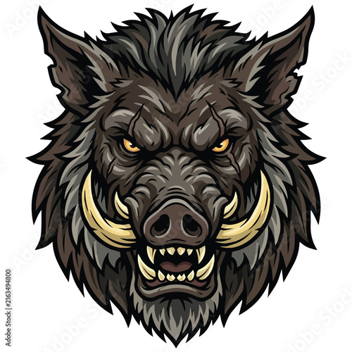 Aggressive Wild Boar Head Illustration, Powerful Fierce Boar Mascot Logo for Sports and Gaming, Dark Forest Animal Concept