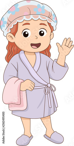 Cute little girl waving wearing bathrobe shower cap cartoon hygiene illustration character
