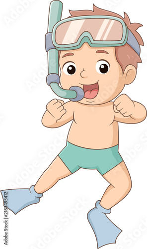 Cute baby snorkeling cartoon character wearing fins summer vacation illustration underwater