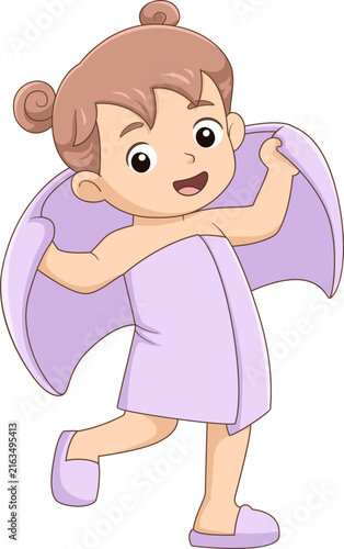 Cute little girl drying with bath towel cartoon hygiene illustration character daily