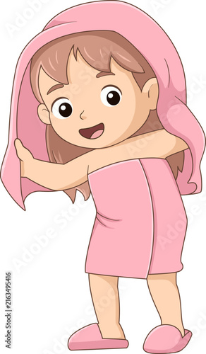 Cute little girl wrapped pink bath towel cartoon hygiene illustration character