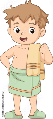 Cute little boy holding towel after bath cartoon hygiene illustration character