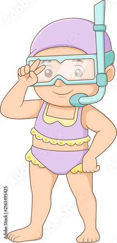 Cute little girl snorkeling cartoon swimsuit summer beach vacation illustration character