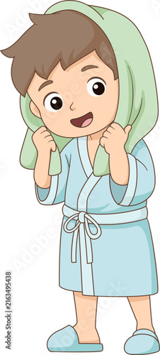 Cute little boy wearing bathrobe towel cartoon hygiene daily routine illustration