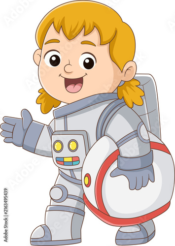 Cute girl astronaut carrying lifebuoy exploring space educational cartoon illustration adventure