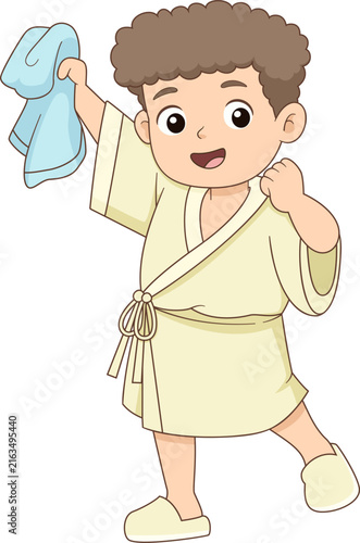 Cute little boy holding towel wearing bathrobe cartoon hygiene illustration character