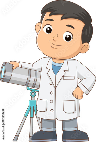 Cute young scientist using telescope for science education cartoon illustration learning
