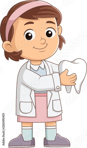Cute young dentist holding tooth for dental education cartoon illustration character
