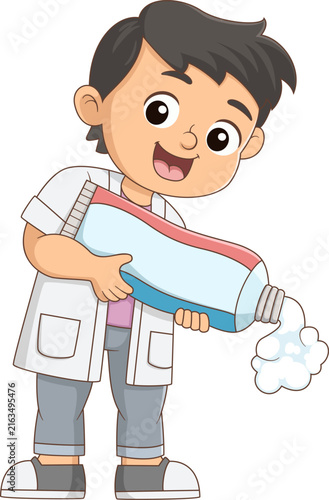 Cute boy brushing giant toothbrush promoting dental hygiene educational cartoon illustration