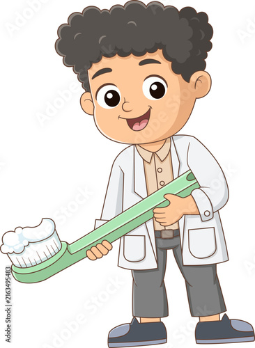 Cute boy holding giant toothbrush promoting oral hygiene cartoon educational illustration