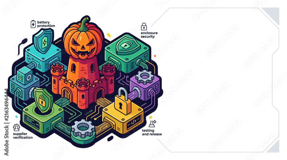 Fototapeta premium Cyber security concept illustration featuring a pumpkin castle with digital protection elements and copy space.