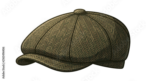 Cuadro en lienzo Flat cap illustration depicts a classic green tweed newsboy hat with a textured herringbone pattern